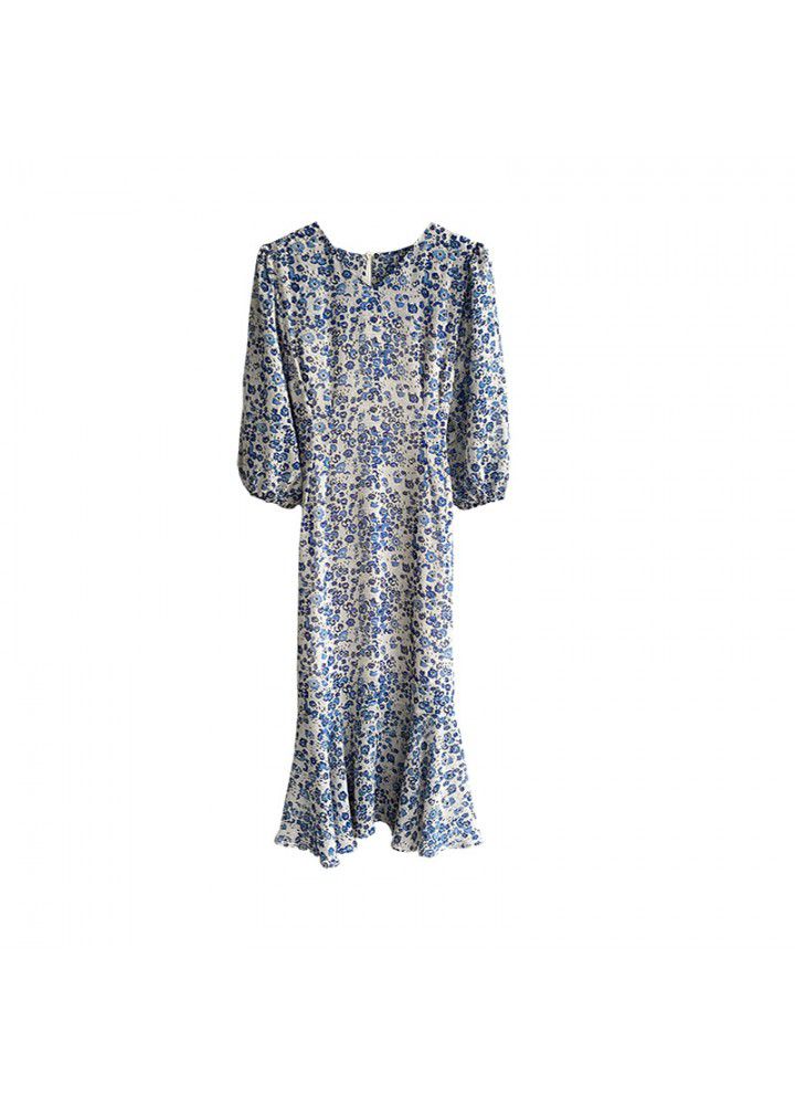 Zhicong dark blue fishtail floral dress women's 2021 summer French medium length V-neck skirt 775