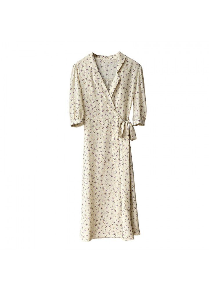 Taochuan French retro V-neck tea break skirt soft Chiffon floral dress women's 2021 summer long waist 3371