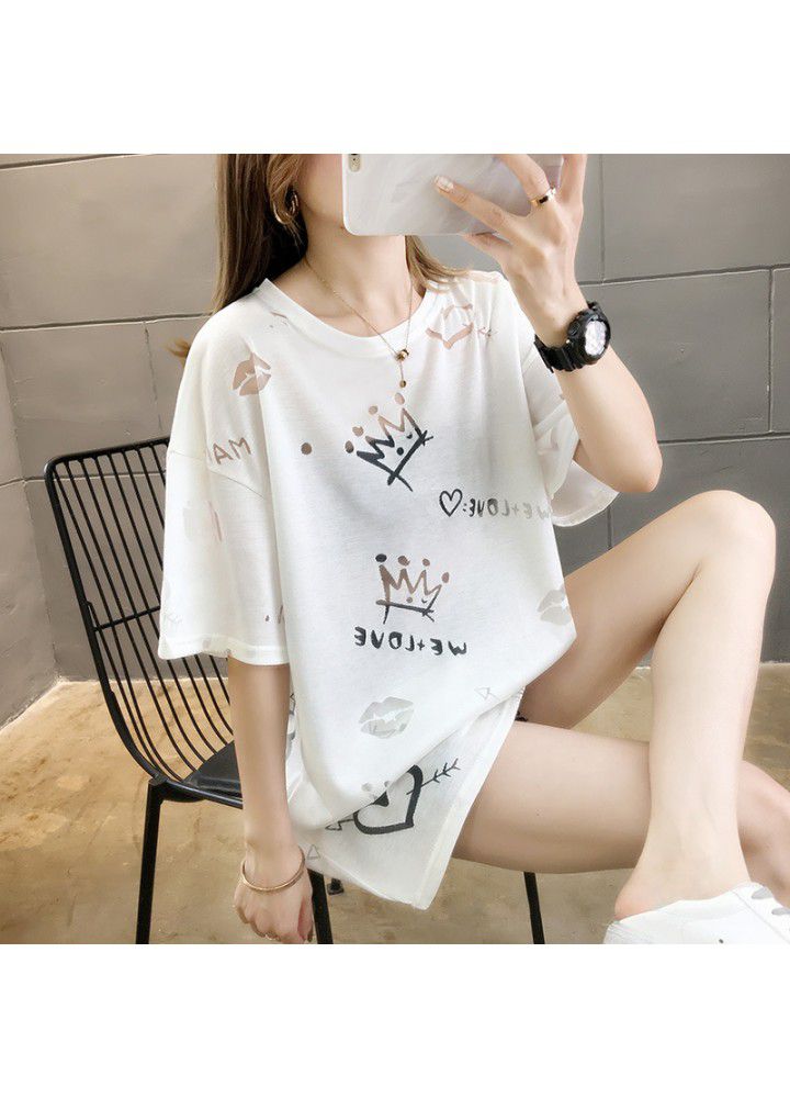 Ins short sleeve T-shirt women's summer Korean loose size women's middle and long lower garment missing versatile half sleeve upper garment fashion