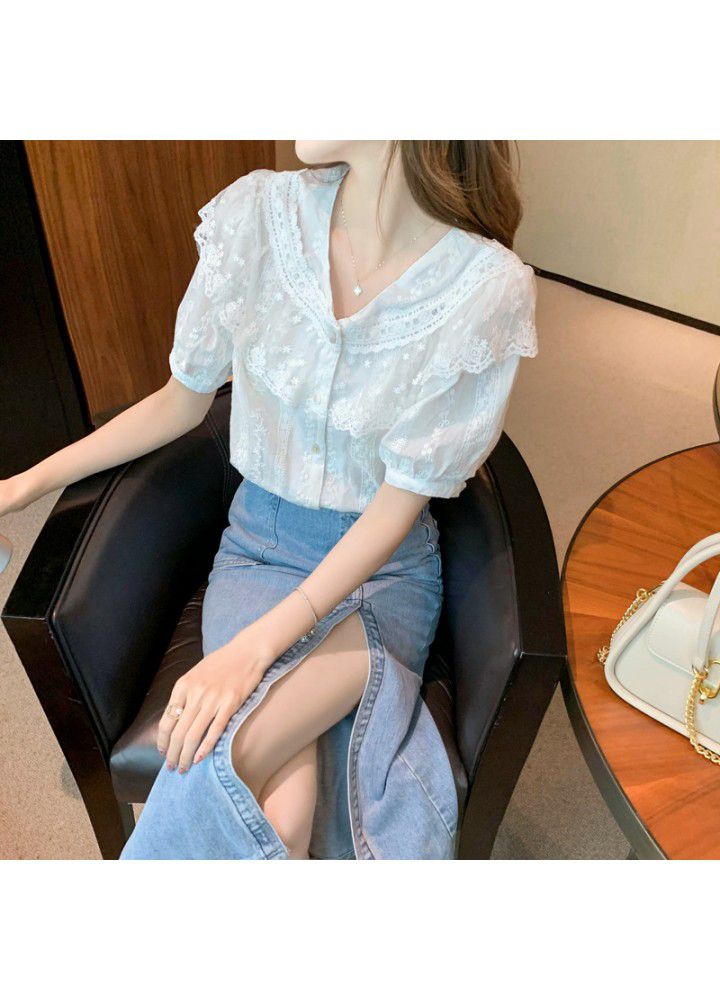 Real shot baby Collar Chiffon shirt women's summer dress 2021 new short sleeve Lace Chiffon shirt Fairy