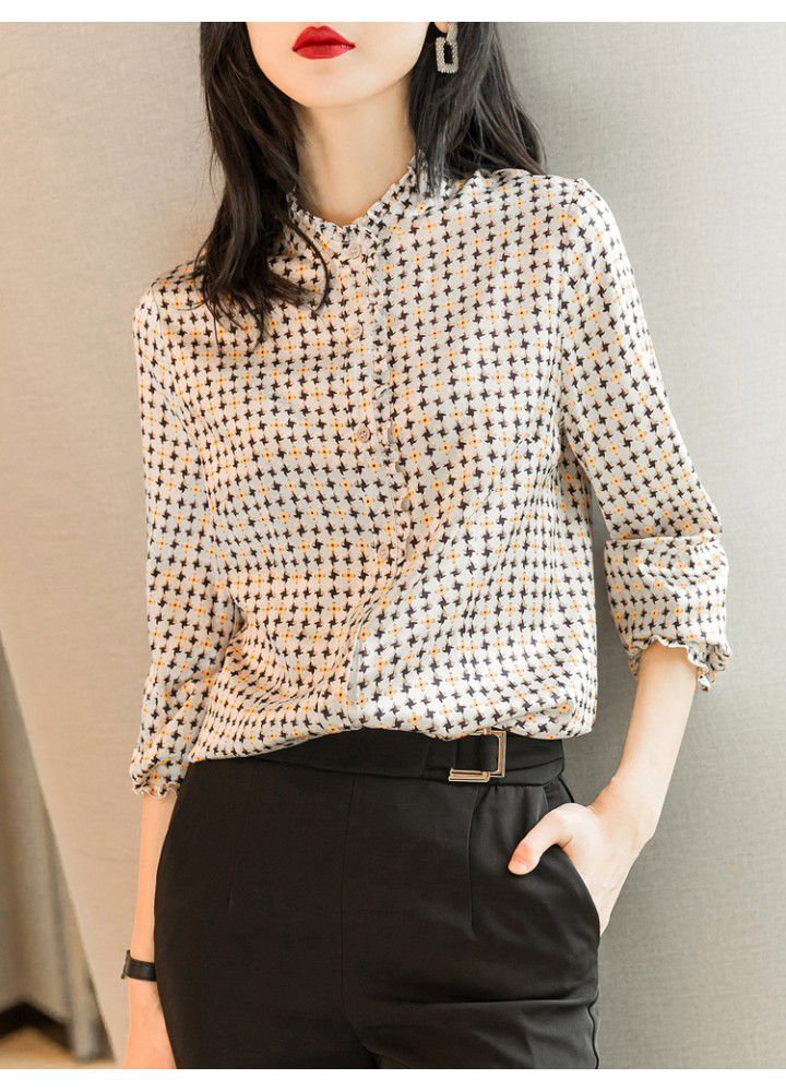 2021 spring new floral French top with auricular collar unique shirt women's silk satin temperament shirt