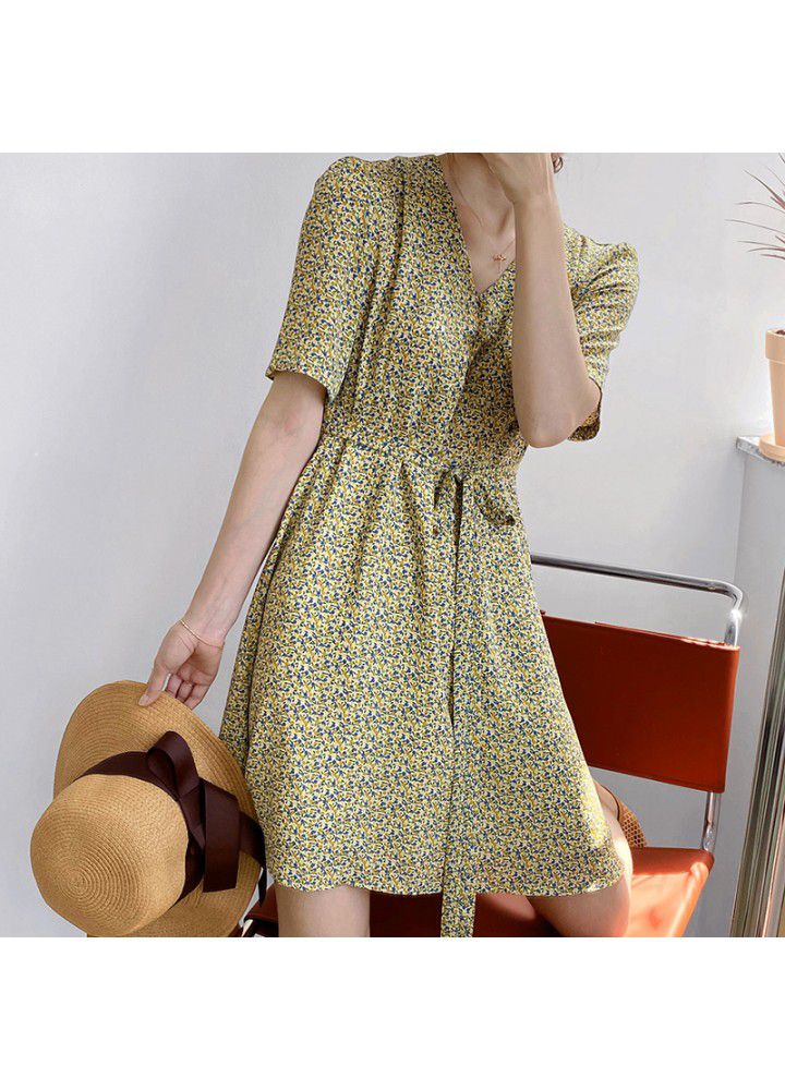 Taochuan French V-neck floral dress women's 2021 summer short sleeve bandage show slim short skirt 5133