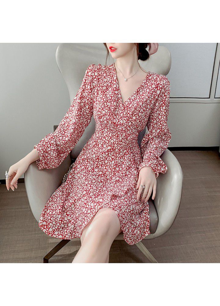 2021 spring and summer new fashion V-neck small fresh retro printed floral skirt Long Sleeve Chiffon dress for women