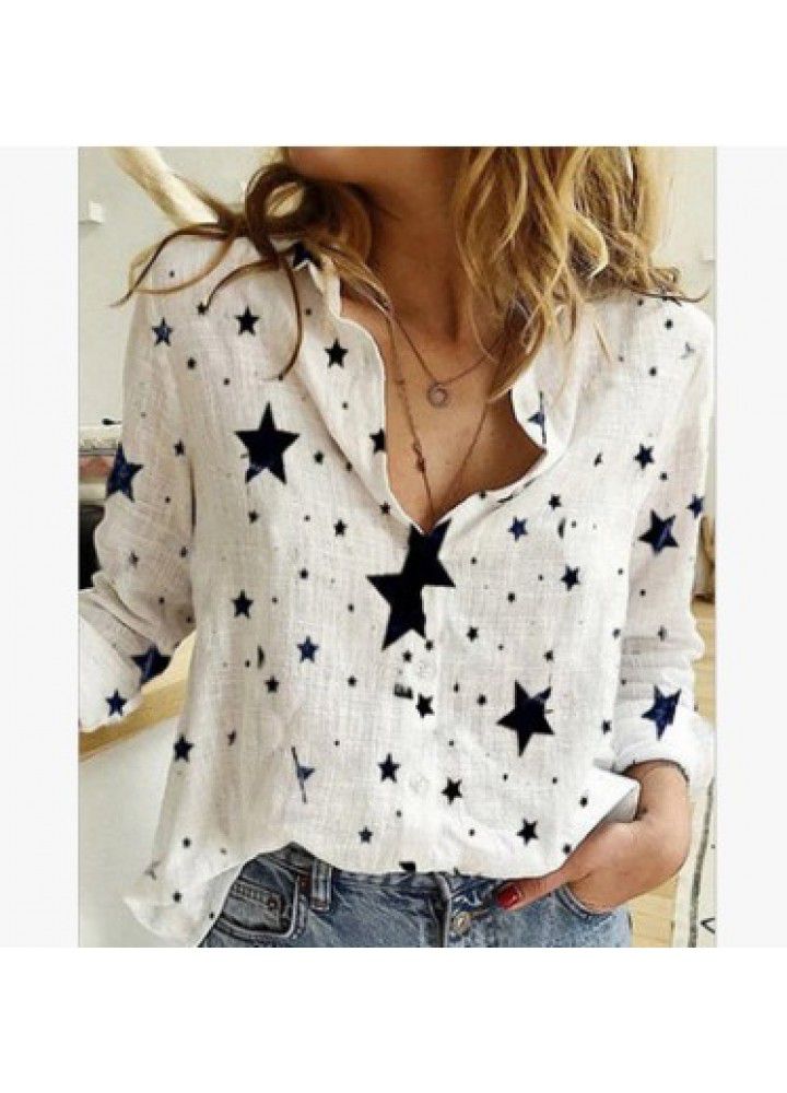 Cross border quick sale Tongbo dot printing leisure long sleeve Linen Shirt ladies wish Amazon autumn and winter new women's wear