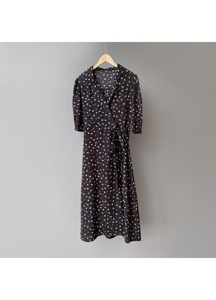 Taochuan French retro V-neck tea break skirt soft Chiffon floral dress women's 2021 summer long waist 3371