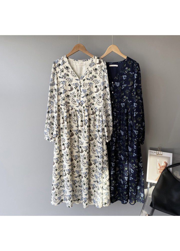 Zhicongxi retro floral medium length dress women's 2021 spring French gentle wind V-Neck long sleeve skirt 1913