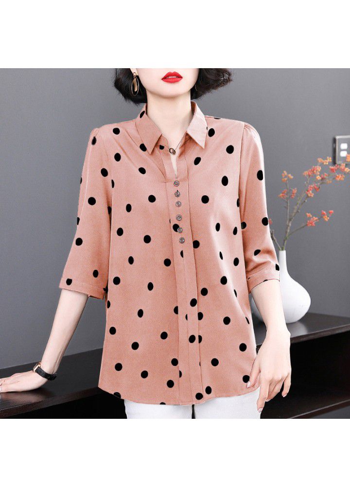 Wave point chiffon shirt women's 2021 new spring and summer middle aged mother's shirt medium sleeve top women's quarter sleeve