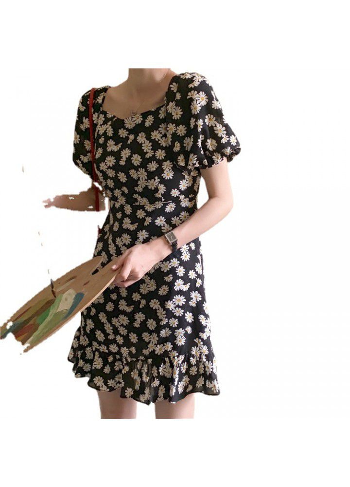 2021 summer new small bubble sleeve dress women's collar medium long short sleeve floral Daisy skirt