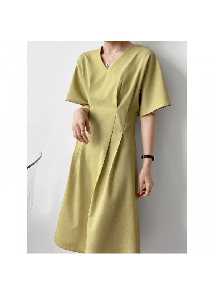Zhicongxi 2021 summer new Korean French simple V-neck solid color dress women's mid length skirt 1825