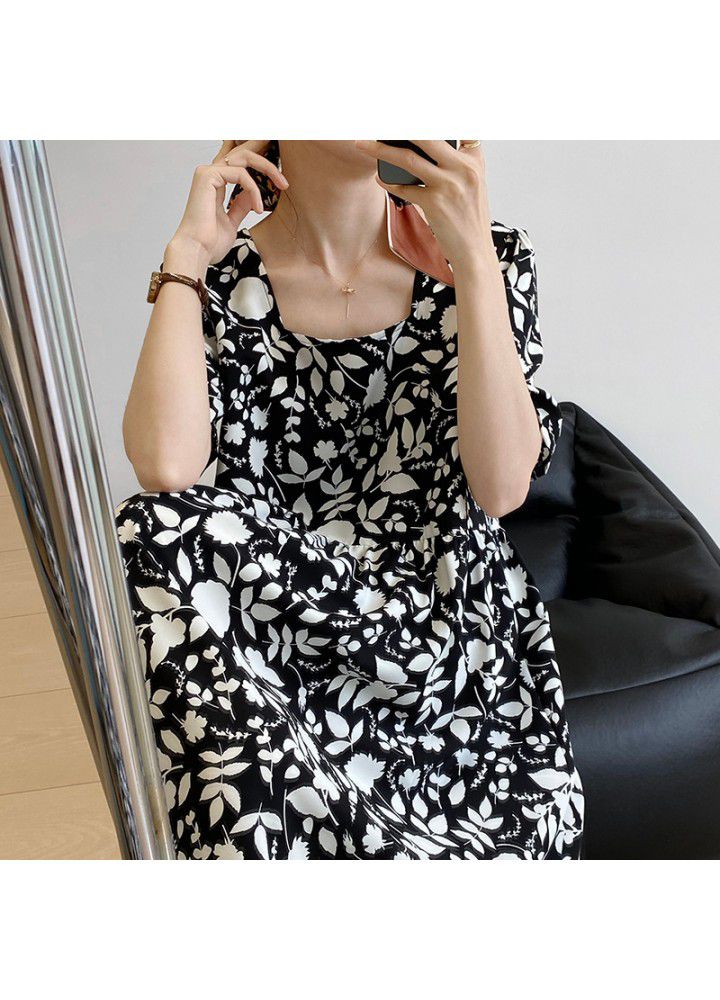 Taochuan black and white print vintage dress women's 2021 summer new bubble sleeve square neck short skirt 1938