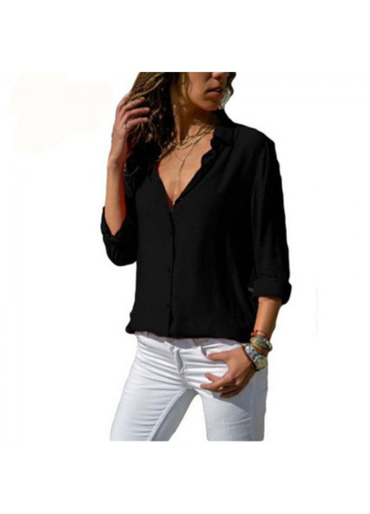 Cross border wish Amazon eBay European and American chiffon shirt women's shirt long sleeve deep V Lapel button shirt women's shirt