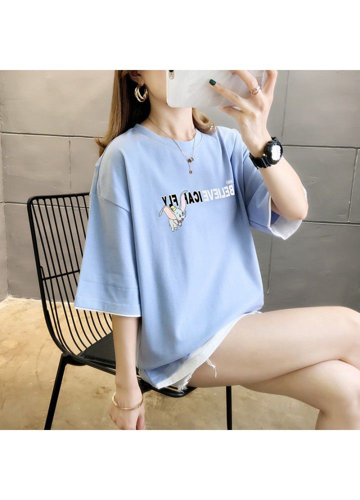 Black T-shirt women's short sleeve loose fitting half sleeve 2021 new Harajuku Hong Kong style simple fake two-piece top