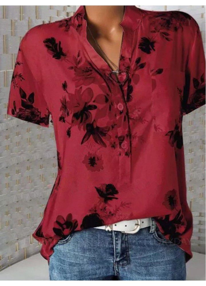 Quick sale wish Amazon eBay large size women's wear in Europe and America loose print V-neck blouse short sleeve blouse