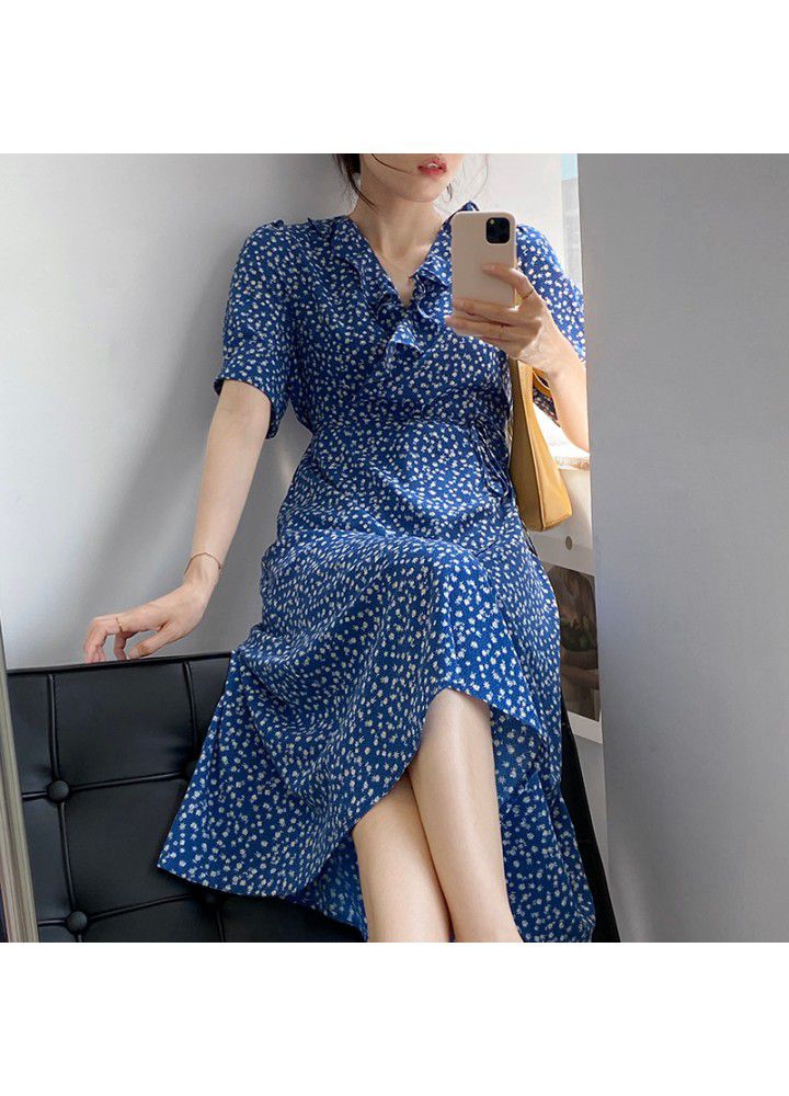Taochuan small fresh V-neck dress women's 2021 summer new Korean floral Ruffle waist long skirt 1956