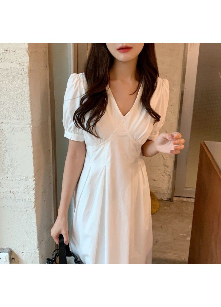 2021 summer new French fashion temperament simple V-neck waist show thin bubble sleeve dress women's tricolor
