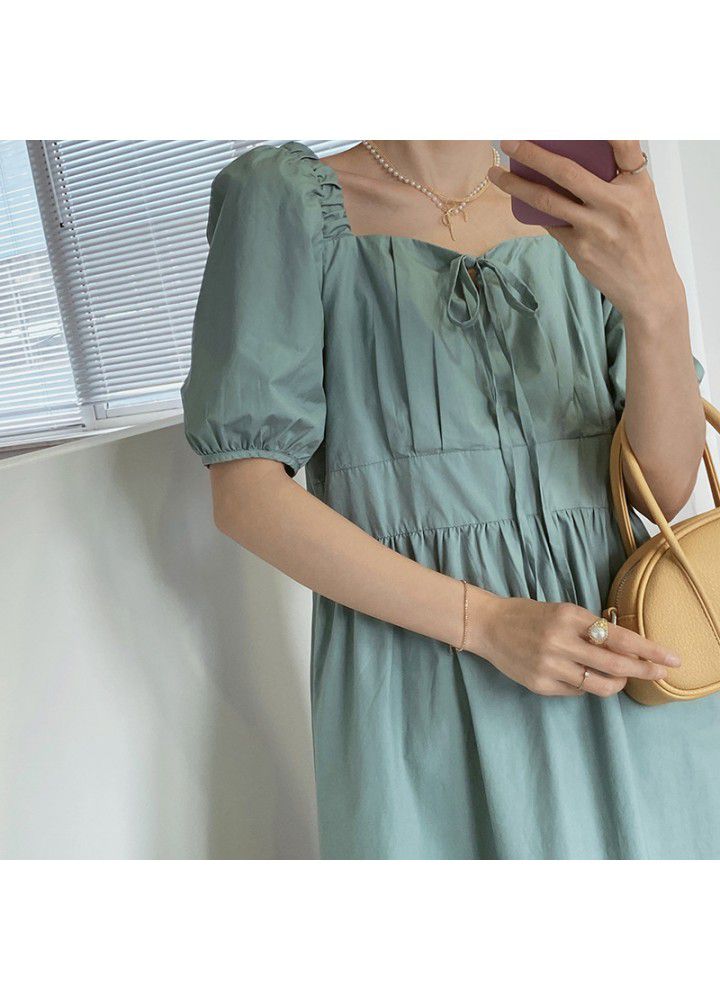 Taochuan lovely girl ~ 2021 summer Pure Color Bubble Sleeve loose water washed cotton dress looks slim 8182