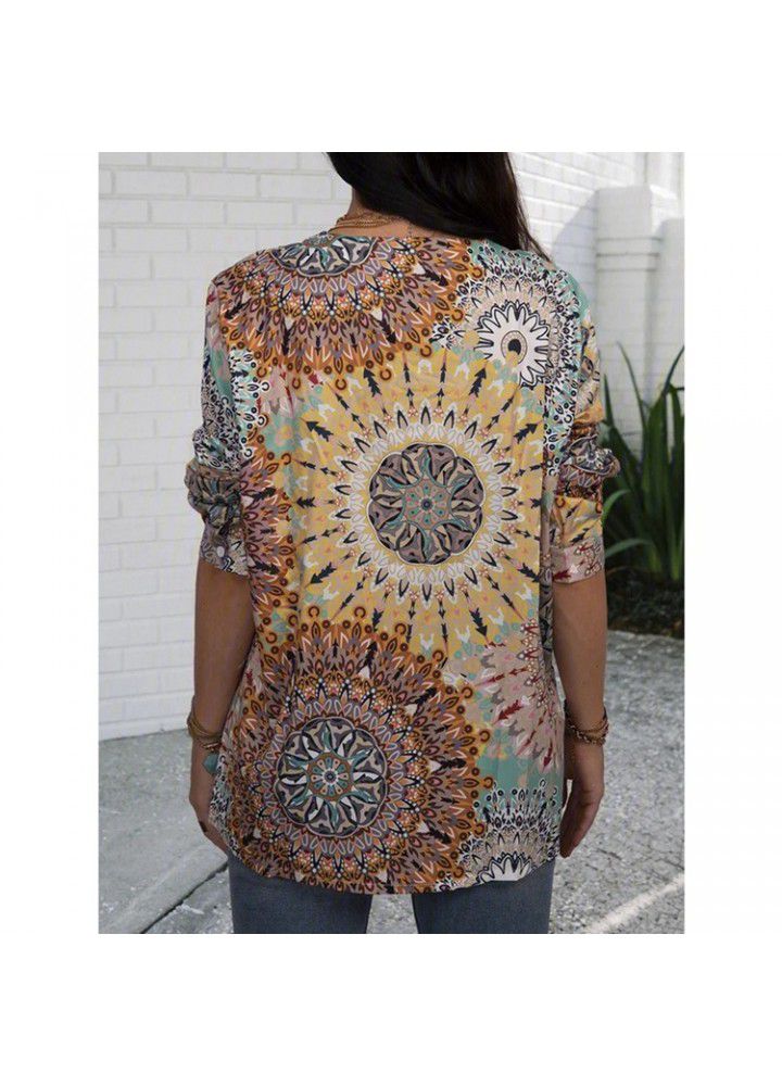 2020 Amazon's cross border new European and American printed long sleeve V-neck button women's shirt