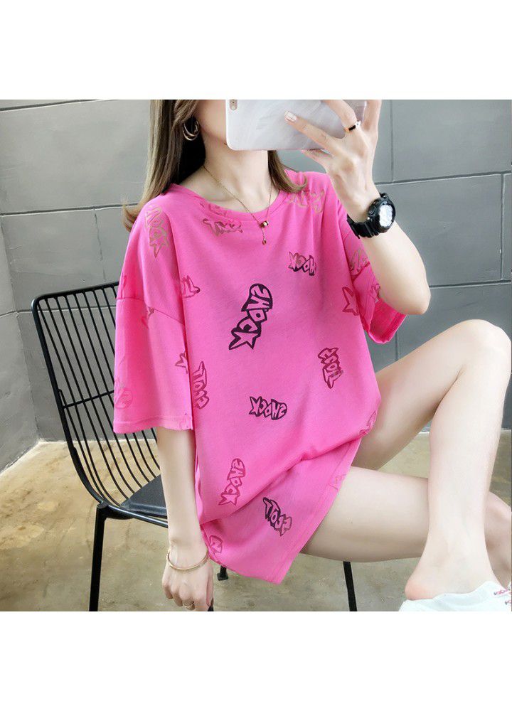 2021cec net red T-shirt women's short sleeve loose size lower garment missing medium length ins fashion student mschf top