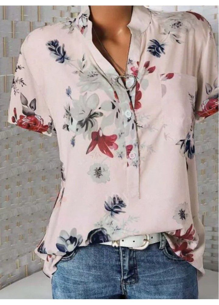 Quick sale wish Amazon eBay large size women's wear in Europe and America loose print V-neck blouse short sleeve blouse