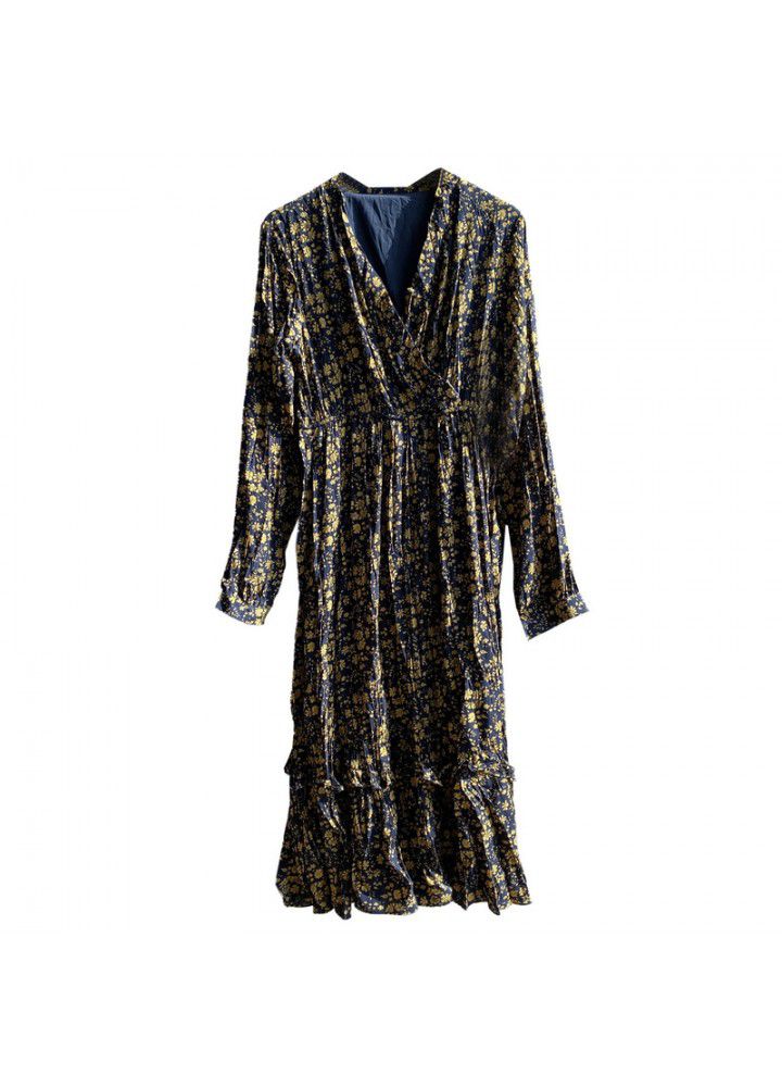 Zhicongxi 2020 winter new retro floral pleated V-neck Dress Medium Length floral skirt female 1733