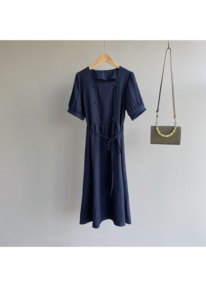 Taochuan Korean dress women's summer 2021 V-neck pleated bubble sleeve waist show thin temperament solid color long skirt 8187