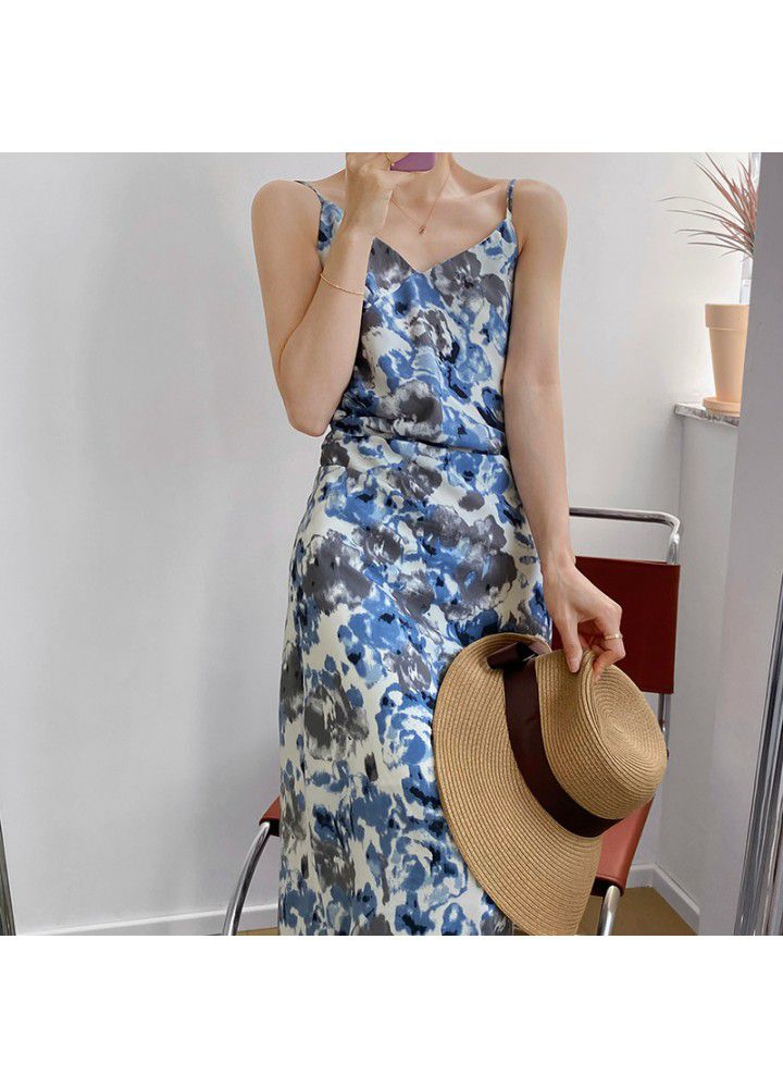 Taochuan Korean pleated and thin print long skirt with suspender for women 2021 summer holiday dress summer skirt 779