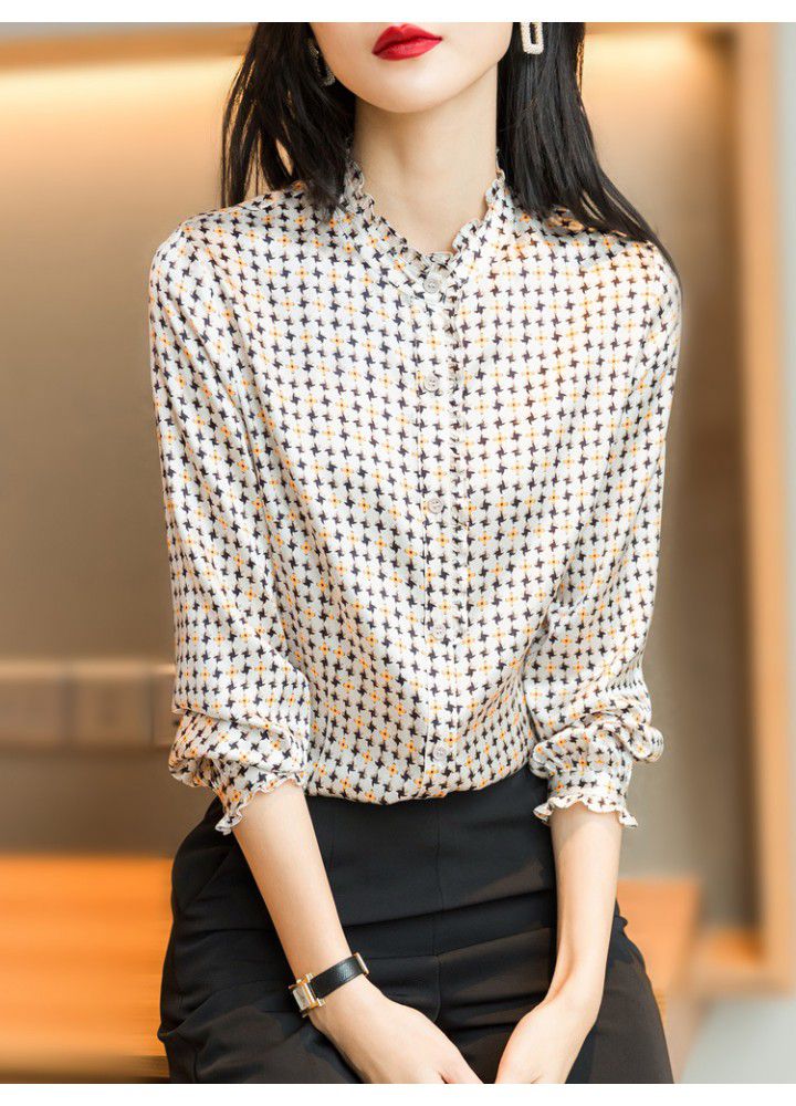 2021 spring new floral French top with auricular collar unique shirt women's silk satin temperament shirt