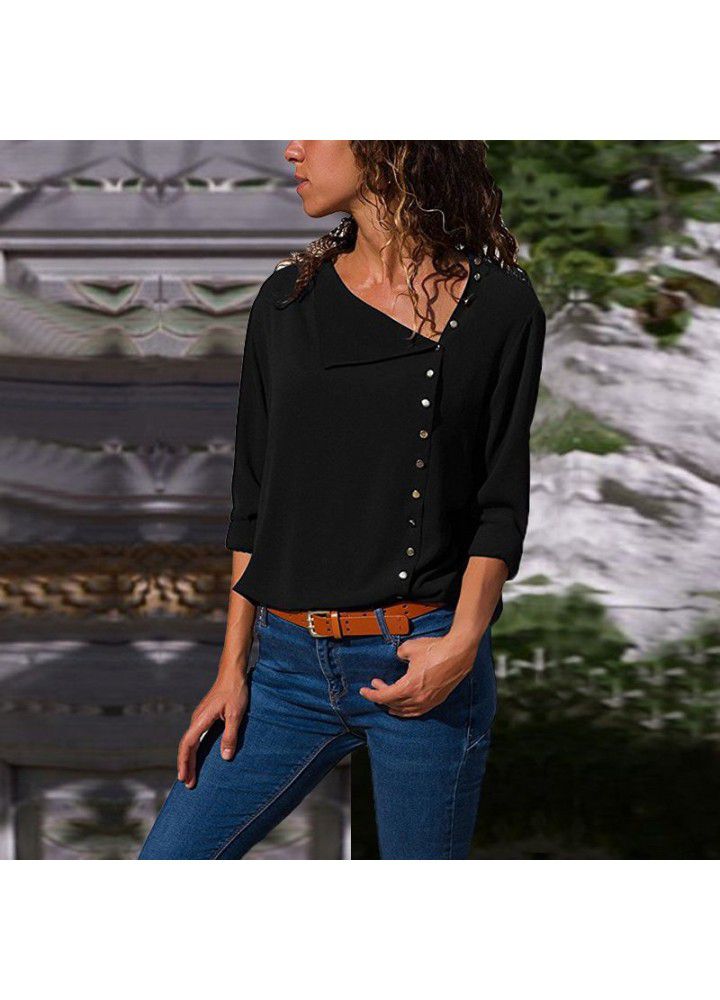 Cross border wish Amazon foreign trade spring and autumn European and American large women's wear slant collar women's shirt fashion long sleeve shirt