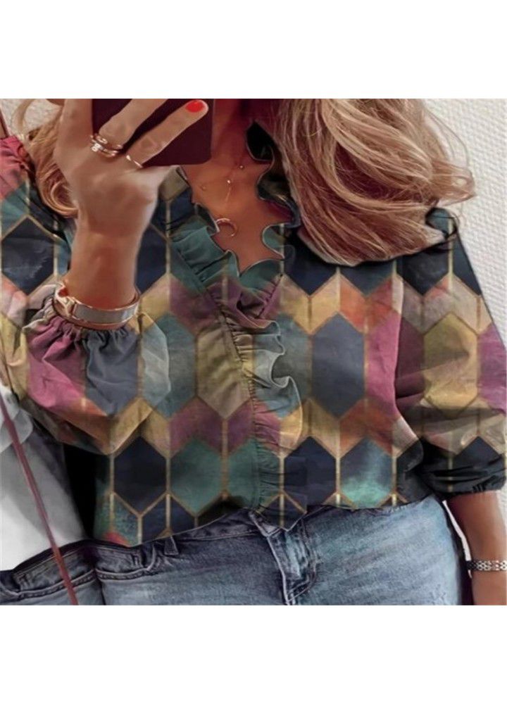 2021 Amazon wish express eBay spring and summer new European and American long sleeve printed Ruffle blouse