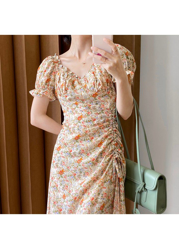 Taochuan square collar oil painting lace dress women's 2021 summer short sleeve French Orange Floral bubble sleeve long skirt 785