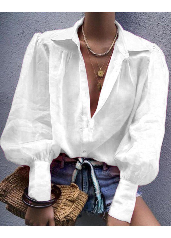 Cross border wish Amazon eBay loose solid long women's shirt Lantern Sleeve Top suit collar shirt