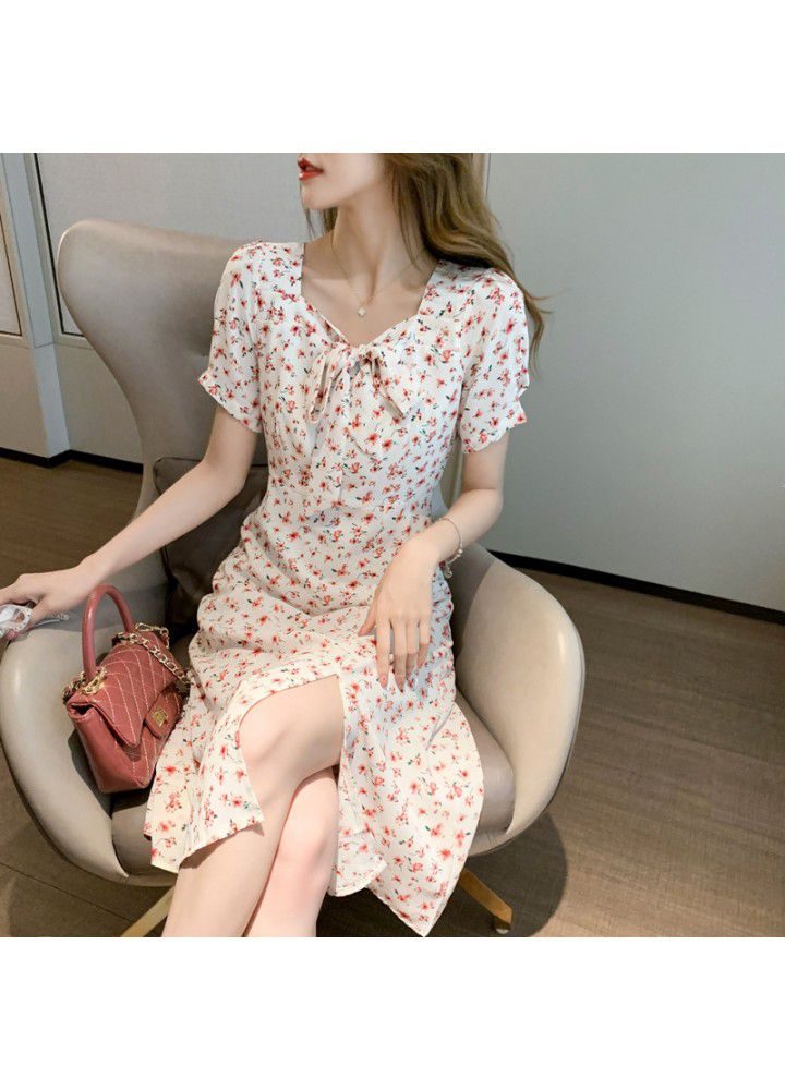 French retro floral Platycodon grandiflorum skirt summer 2021 new Korean split neck two wear holiday dress
