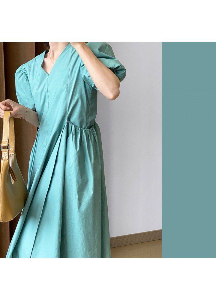 Taochuan solid color big pocket bubble sleeve dress women's summer 2021 new French V-neck loose swing dress 1953