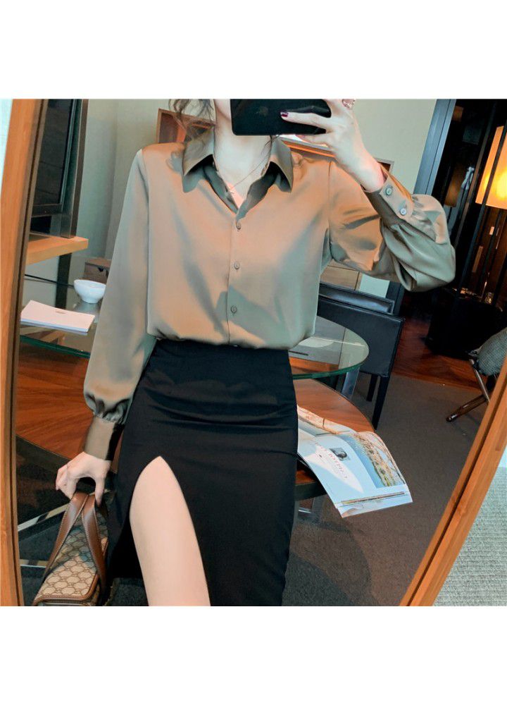 Real shot 2021 spring new long sleeve top Satin shirt women's design sense minority chiffon shirt professional shirt