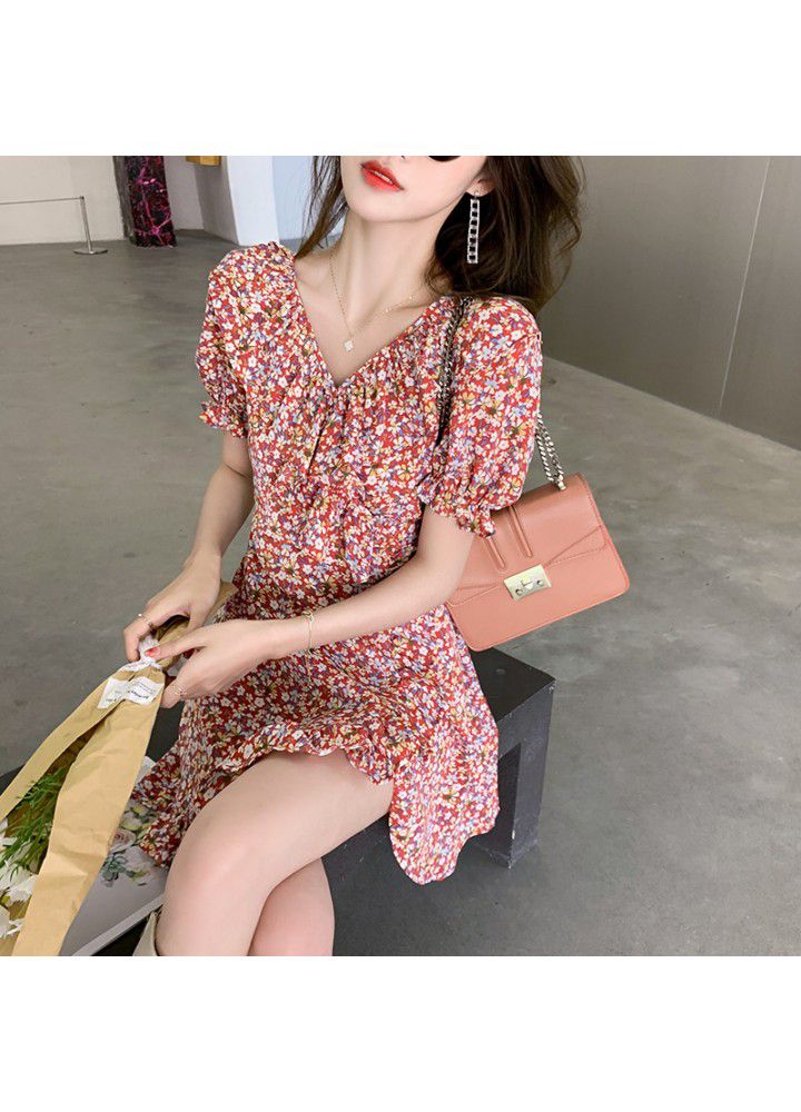 2021 new summer women's V-neck trumpet sleeve Floral Chiffon short sleeve dress fashion women's wear