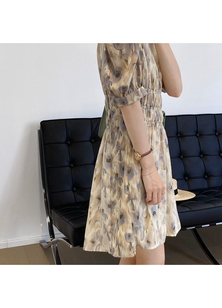 Taochuan gentle wind V-neck short sleeve floral dress women's summer 2021 waist fold French short skirt 5159