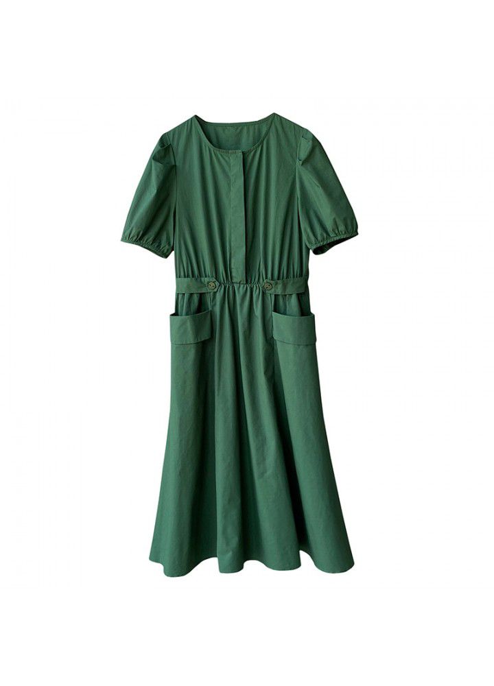 Taochuan solid round neck bubble sleeve dress women's 2021 summer double pocket elastic waist bandage long skirt slim 8190