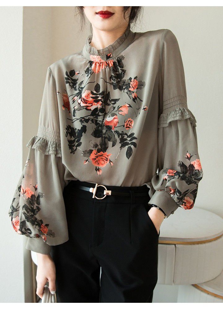 European station 2021 spring new heavyweight stand collar Vintage printed top with slim Lantern Sleeve palace style shirt