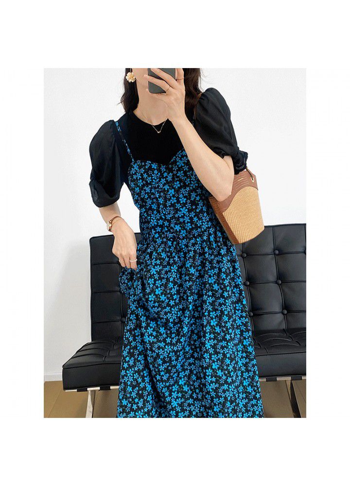 Taochuan two piece floral suspender skirt women's 2021 summer bubble sleeve T-shirt temperament gentle long dress 5176