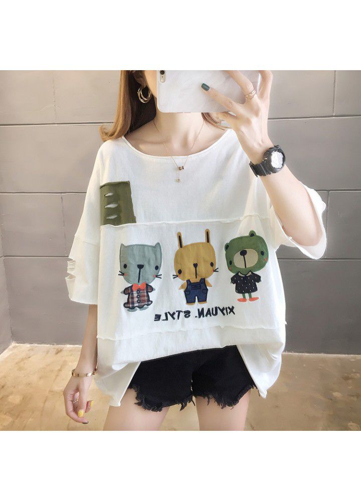 Large size short sleeve T-shirt women's loose 2021 new summer Korean women's dress fat mm foreign style thin cover belly top
