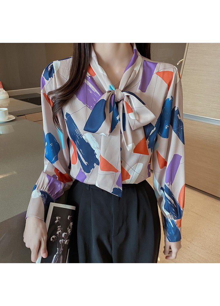 2021 design and color new style early spring bow tie lead fashion geometric print temperament Satin shirt