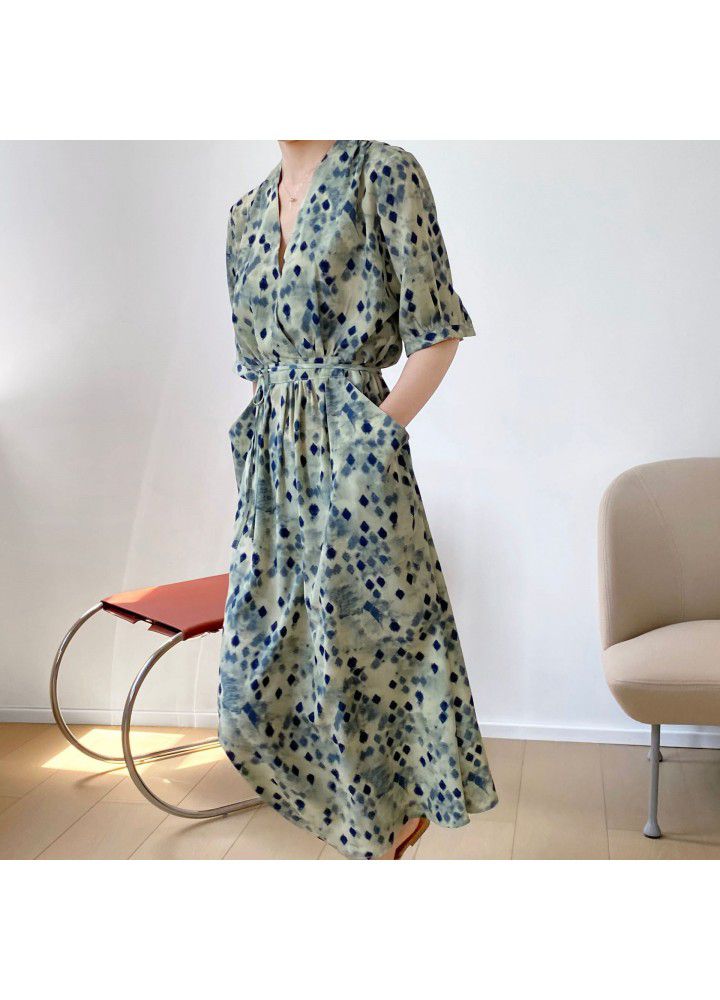 Taochuan waist V-neck short sleeve dress summer 2021 new loose halo dye temperament floral dress 3372