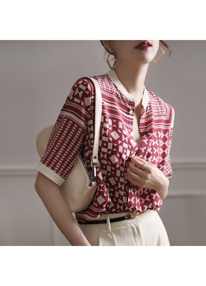 2021 summer new shirt women's middle sleeve stand collar retro Plaid stripe shirt design sense stitching temperament top