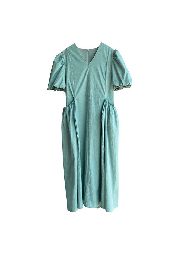 Taochuan solid color big pocket bubble sleeve dress women's summer 2021 new French V-neck loose swing dress 1953