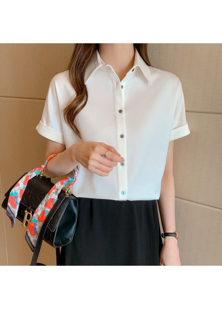 2021 summer new Satin short sleeve shirt female Hong Kong style student Polo professional temperament Satin top commuting slim fit