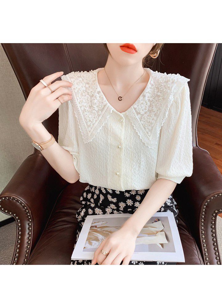 Pin bead shirt 2021 summer new lace loose top French baby collar cardigan looks thin