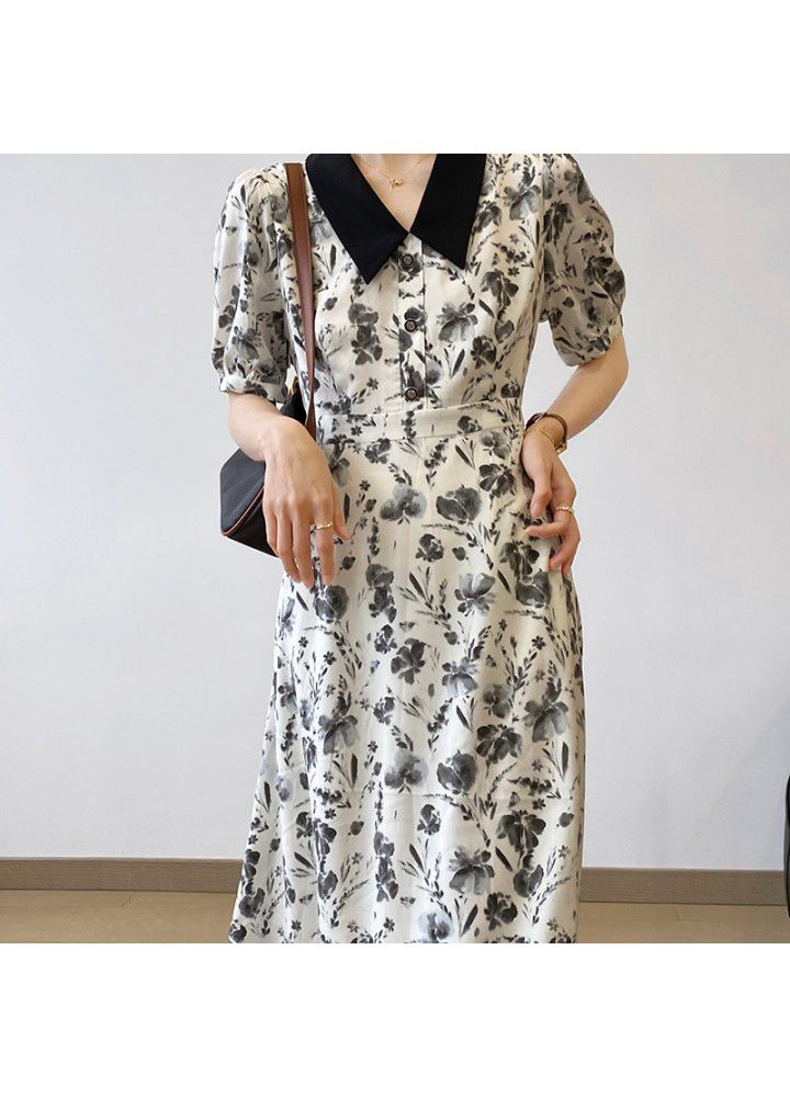 The fall of taochuan in early summer: French Hepburn dress women's 2021 Chiffon bubble sleeve contrast skirt 1952