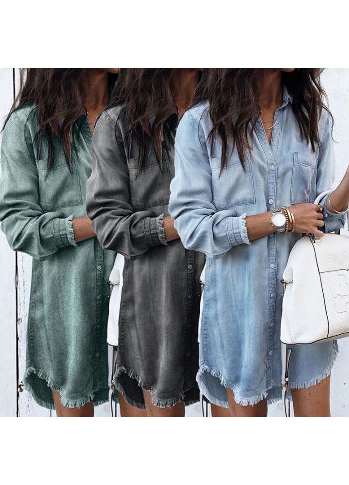 Cross border wish Amazon eBay European and American women's large loose medium length tassel women's denim shirt