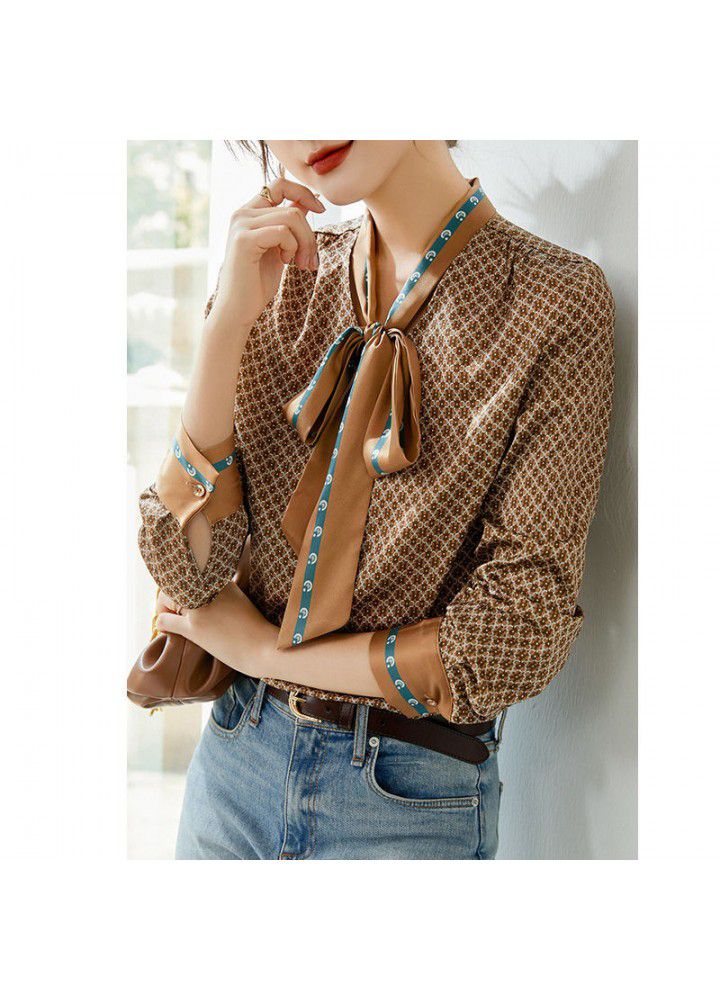 Ribbon foreign style top women's 2021 spring new fashion foreign style printed shirt women's long sleeve shirt temperament blouse
