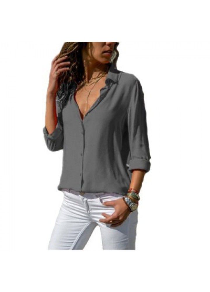 Cross border wish Amazon eBay European and American chiffon shirt women's shirt long sleeve deep V Lapel button shirt women's shirt